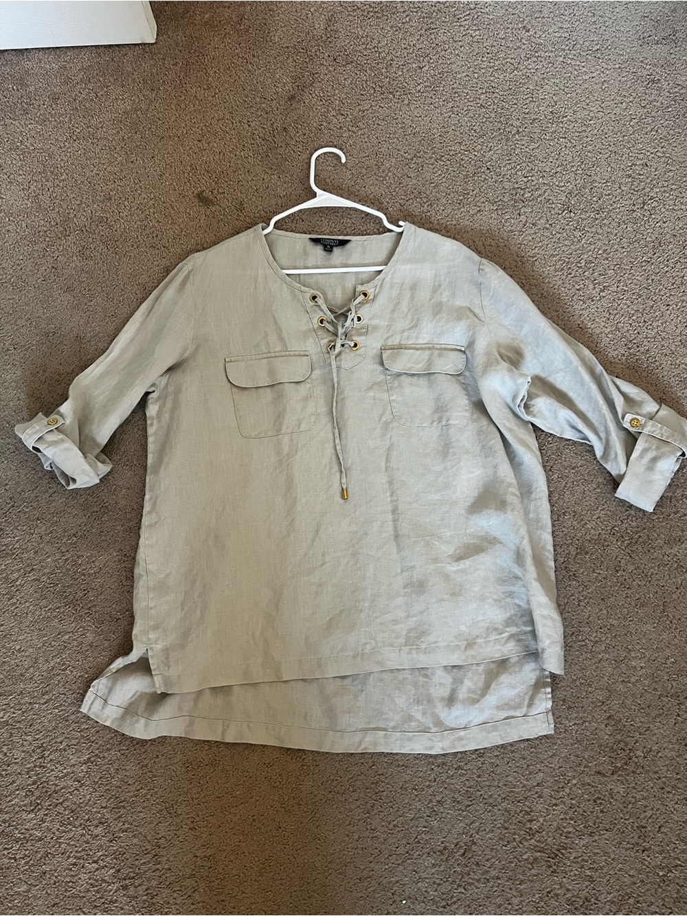 Ellen Tracy Lace-Up Linen Tunic Top in Light Beige